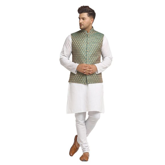 Sleeveless Traditional Brocade Silk Sapphire Blue Nehru Jacket by Treemoda - Picture 5 of 5